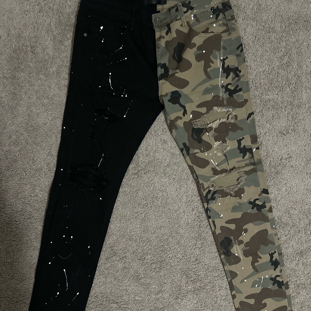 Adult KDNK Skinny Camouflage & Black Distressed Paint-Splatter Jeans